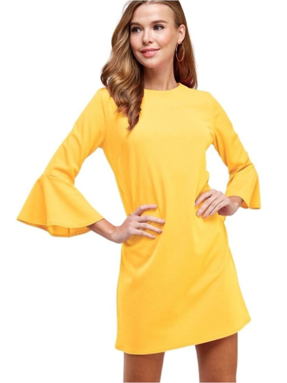 EUC 2Hearts gold Yellow Bell-Sleeve Shift Dress - Women size medium